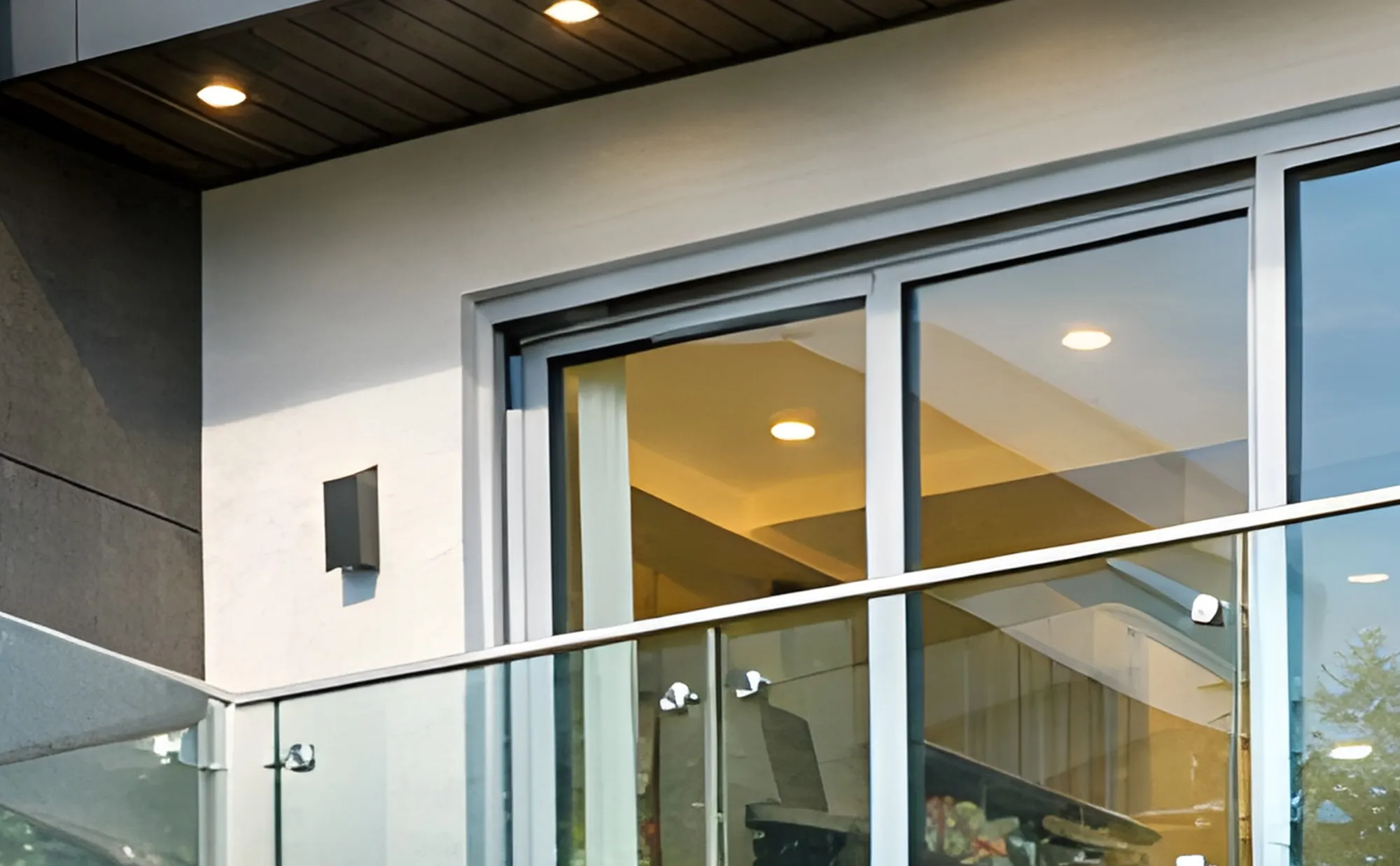 Modern house balcony with toughened glass railing panels and stainless steel standoff fittings