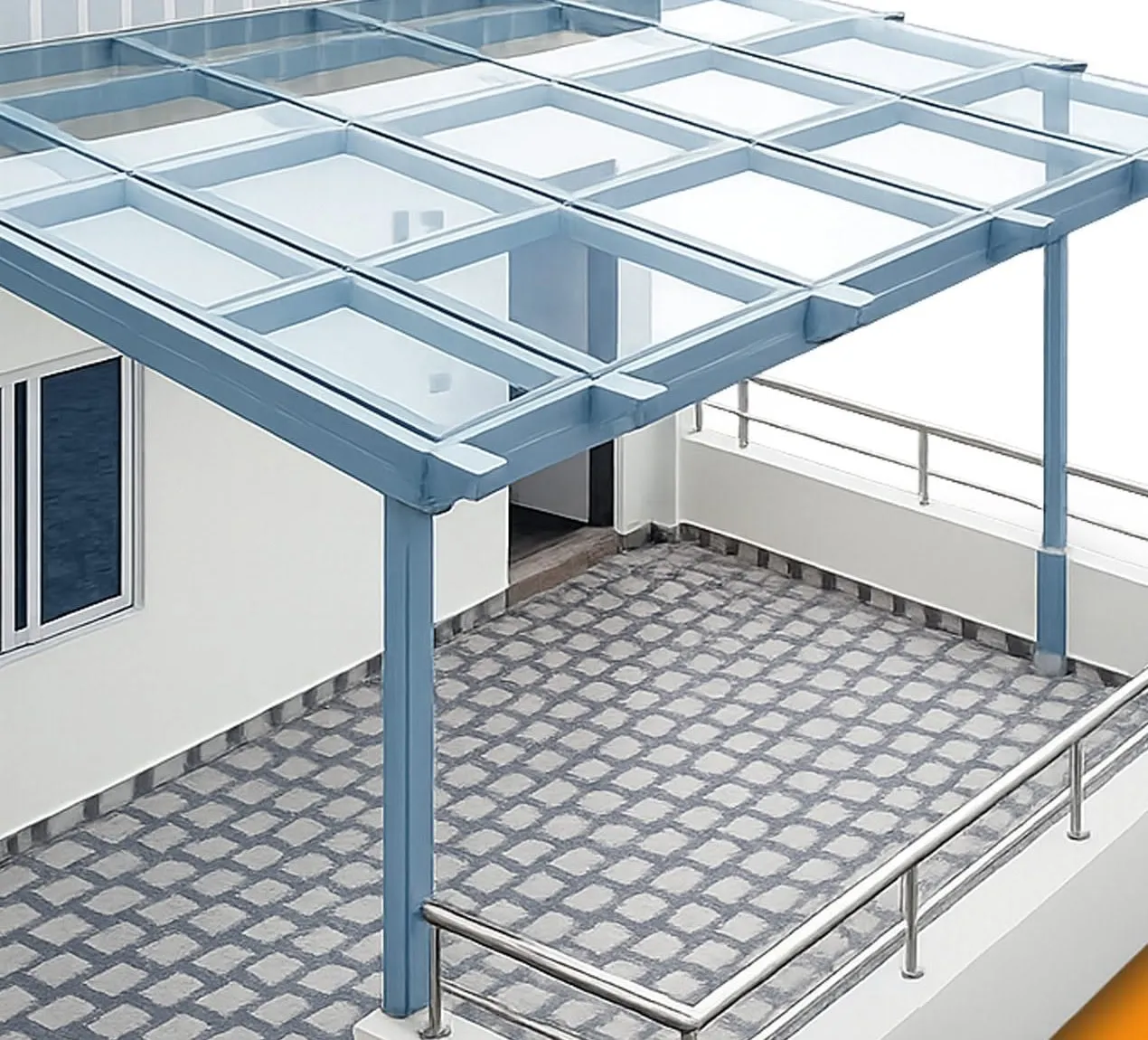 Glass skylight with light-blue aluminium framing covering a rooftop terrace