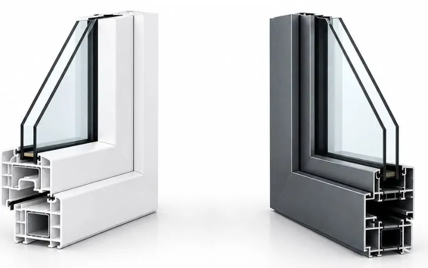 White uPVC and grey aluminium window profiles compared side by side
